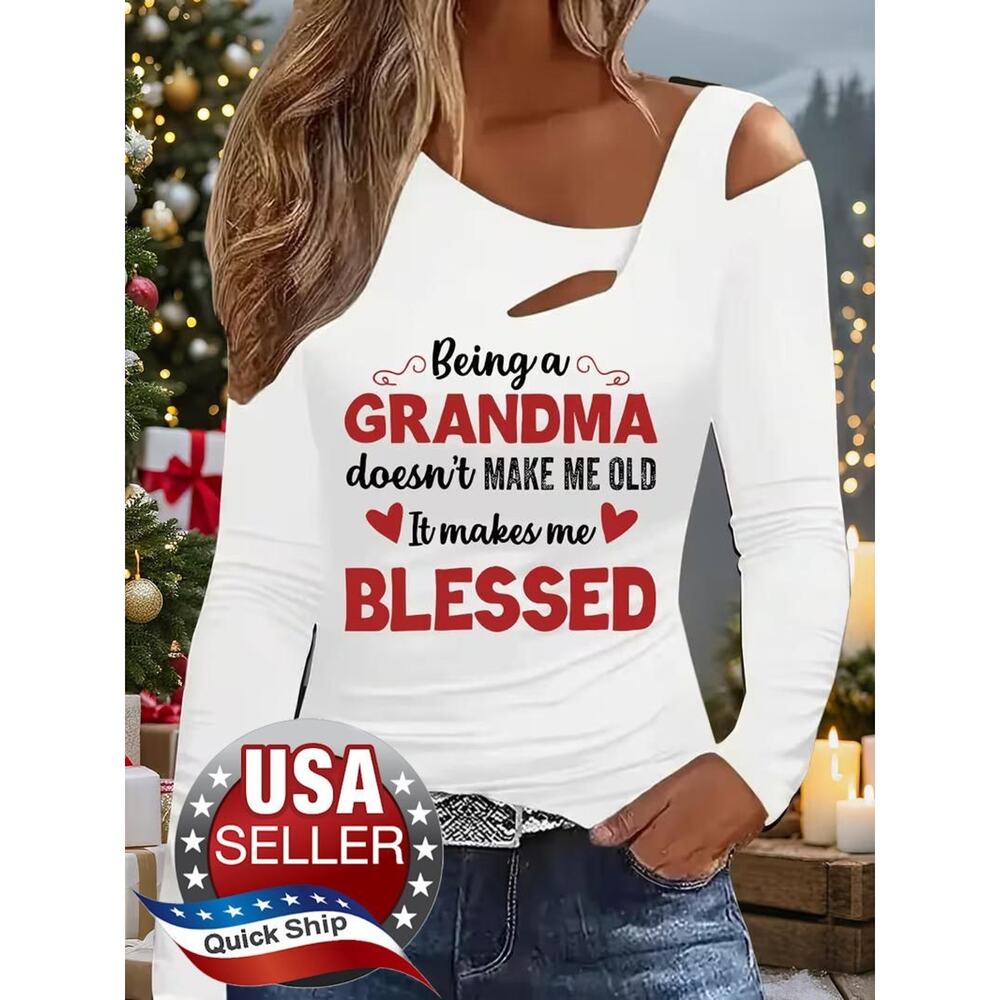 Off-the-Shoulder Long Sleeve T-Shirt •Hearts •‘Being A Grandma Makes Me Blessed’